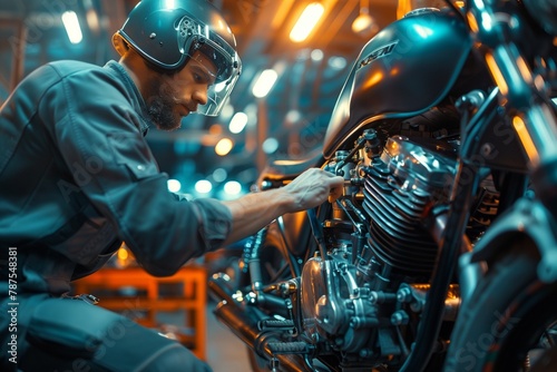 Professional technician conducting a detailed inspection on a motorcycle's engine, showcasing advanced diagnostic techniques in a brightly lit, modern workshop. photo