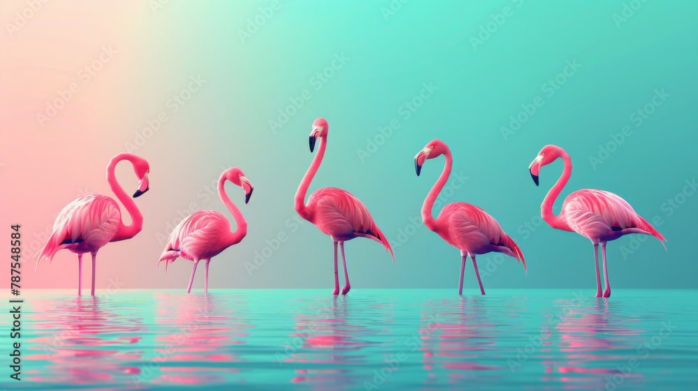 Obraz premium A calming image of pink flamingos standing in shallow teal waters under a gradient sky.