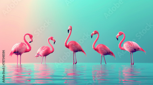 A calming image of pink flamingos standing in shallow teal waters under a gradient sky.