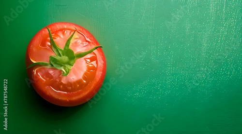 Tomate maduro cortado a la mitad sobre fondo verde, delicioso tomate fresco  photo