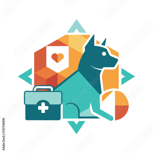 A dog with a first aid kit strapped to its back, ready to assist in emergencies, Geometric design of a pet and medical kit, minimalist simple modern vector logo design