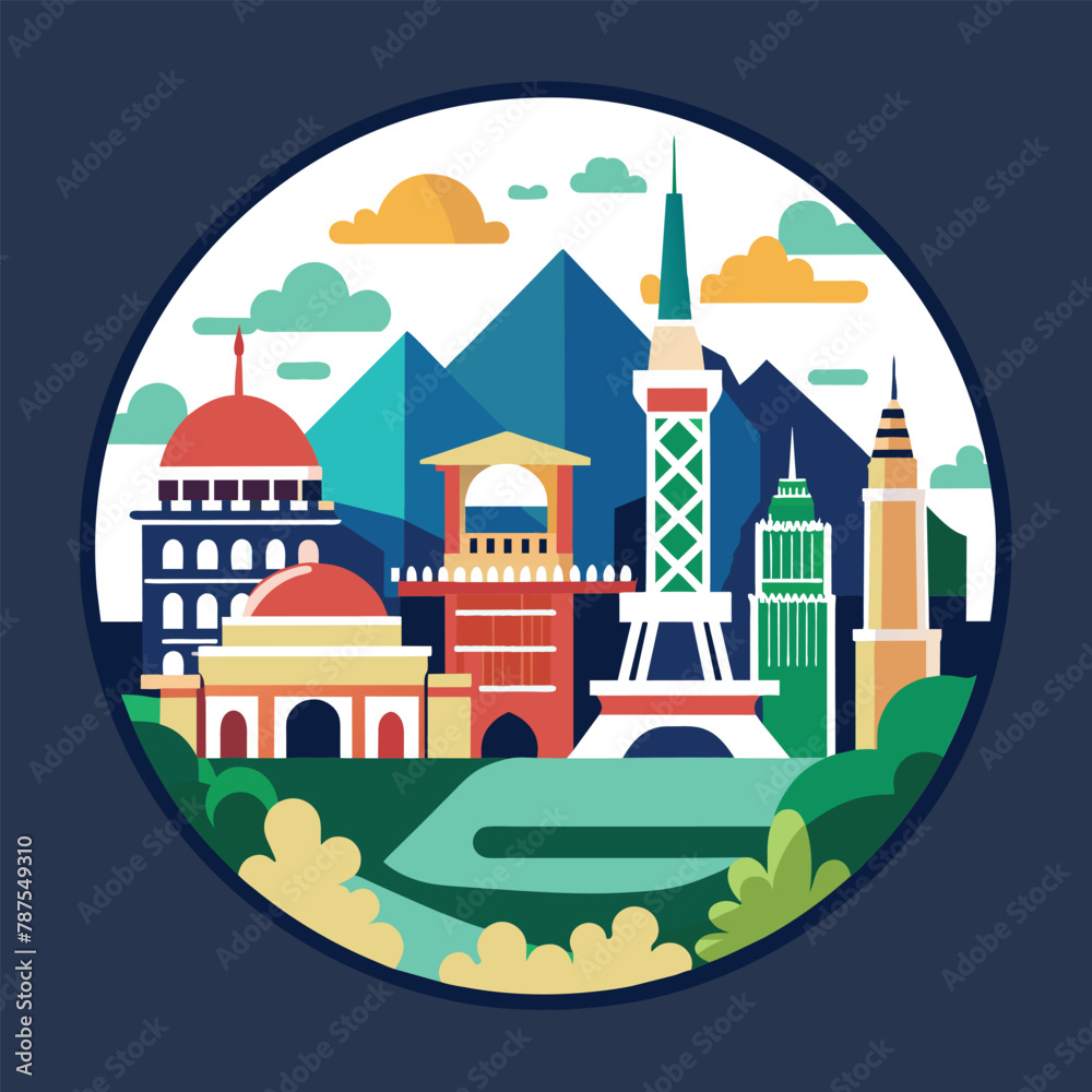 A cityscape framed within a circle, showcasing iconic landmarks from around the world, Iconic landmarks from around the world in a geometric style