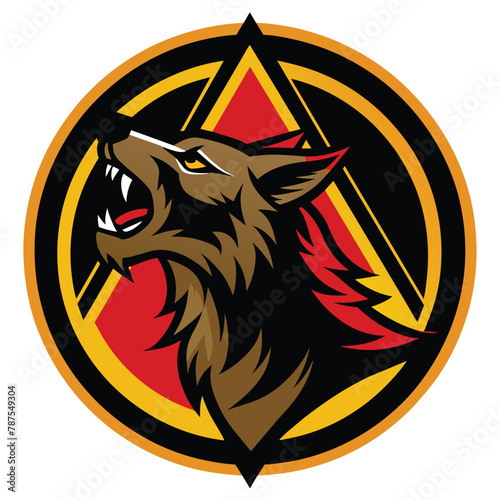 A wolf with its mouth open in a circular shape, howling loudly in the wilderness, Howling predator sign. Wild canine animal symbol
