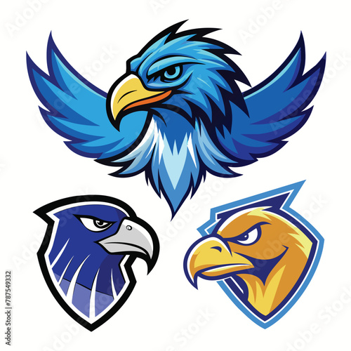 Three eagles with distinct colors - blue, hawk, and falcon - standing together, Illustrated Blue Hawk, Eagle, Falcon Logos