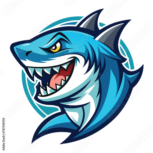 Illustration of a furious blue shark displaying its teeth with an open mouth, Illustrated Furious Shark, Logo, Mascot