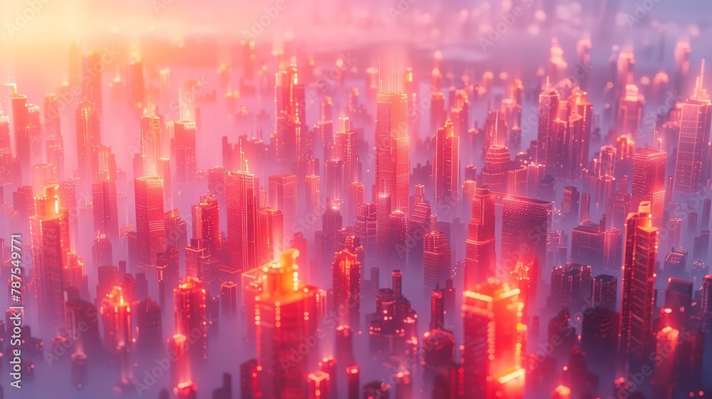 Fototapeta premium Surreal pink and blue lit cityscape in holographic style