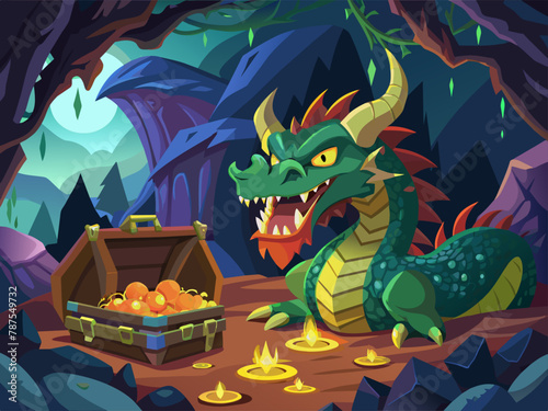 Fierce dragon guarding a treasure hoard in a dark cave Illustration