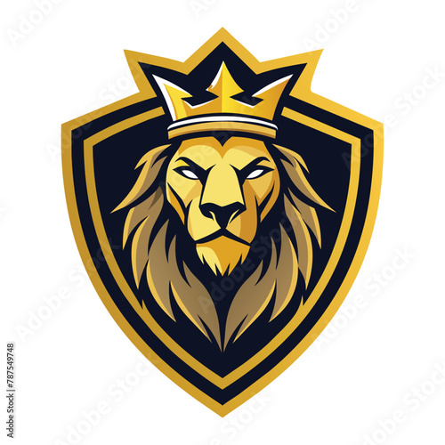 A lion wearing a regal crown on its head, Lion head shield logo icon. Royal gold crown badge symbol