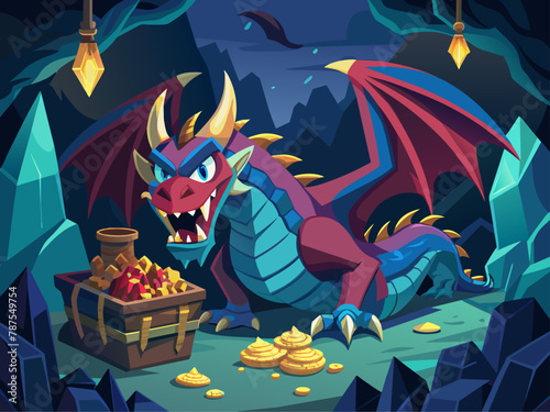 Fierce dragon guarding a treasure hoard in a dark cave Illustration