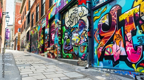 Vibrant murals and street art on the walls of the buildings bring a modern touch to this historic cobblestone street blending the . AI generation.