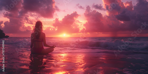 Serene Woman on Tranquil Beach - Radiating Pink  Violet  and Purple Aura