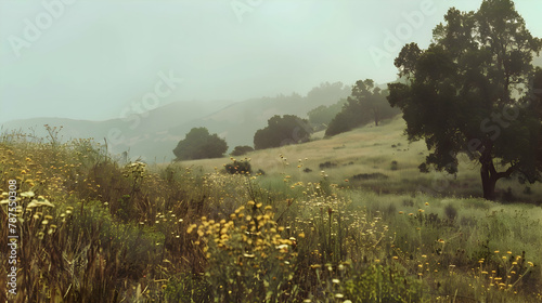 A dense fog engulfing a hillside meadow at dawn, panoramic stitch to capture the expansive view and muted tones