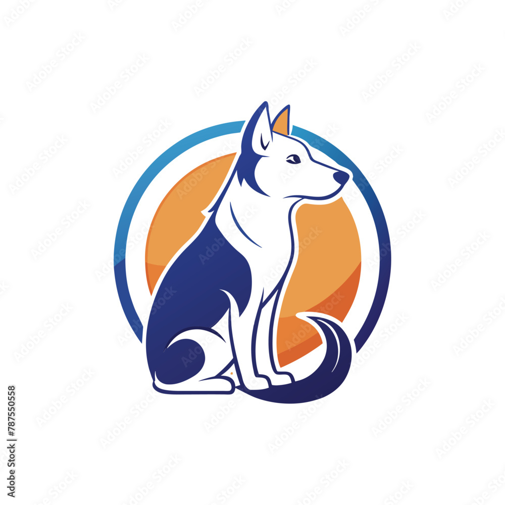 A dog sitting in front of a vibrant orange and blue circle, pet care logo design with dog line style A dog sitting in front of a vibrant orange and blue circle, pet care logo design with dog line style