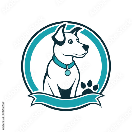 A dog wearing a blue ribbon around its neck, pet care logo design with dog line style