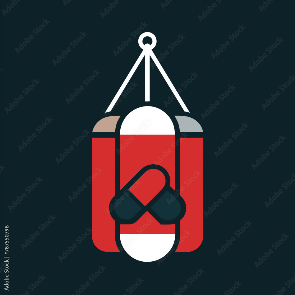 A pair of boxing gloves hangs from a punching bag used for boxing practice, Punching bag and boxing gloves display, minimalist simple modern vector logo design A pair of boxing gloves hangs from a punching bag used for boxing practice, Punching bag and boxing gloves display, minimalist simple modern vector logo design