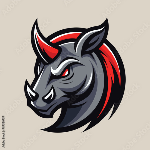 A bulls head with red horns is displayed against a gray background, Produce a sleek and minimalistic representation of a rhinoceros head for a logo design