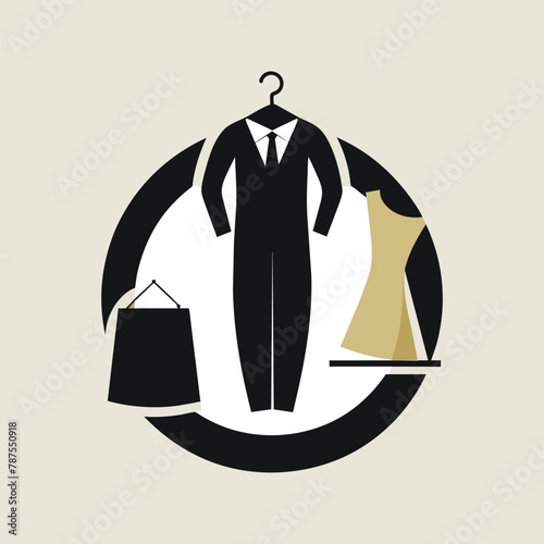 A man standing next to a dress on a hanger in a fashion boutique, Simple and stylish branding for a fashion boutique with monochromatic color scheme