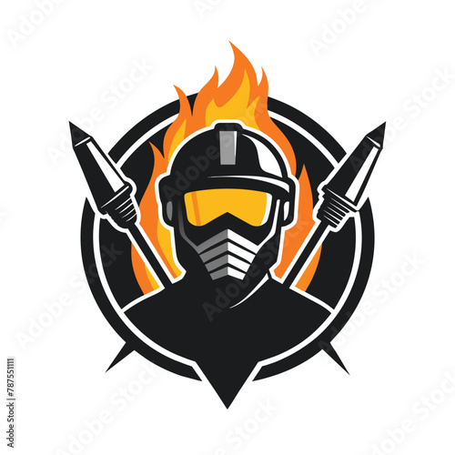 A man wearing a helmet standing with a flame behind him, Simplified outline of a welding torch and protective mask
