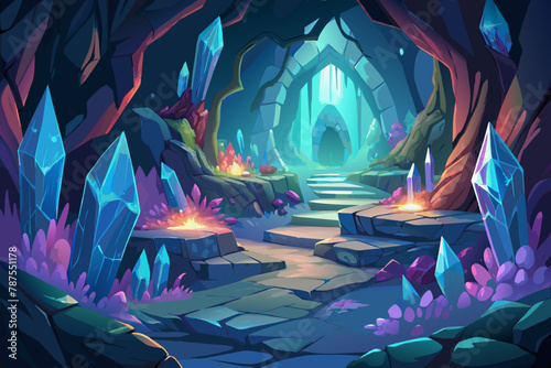 Mysterious cave filled with glowing crystals and ancient carvings Illustration, mystical cave filled with glowing crystals and ancient runes Illustration