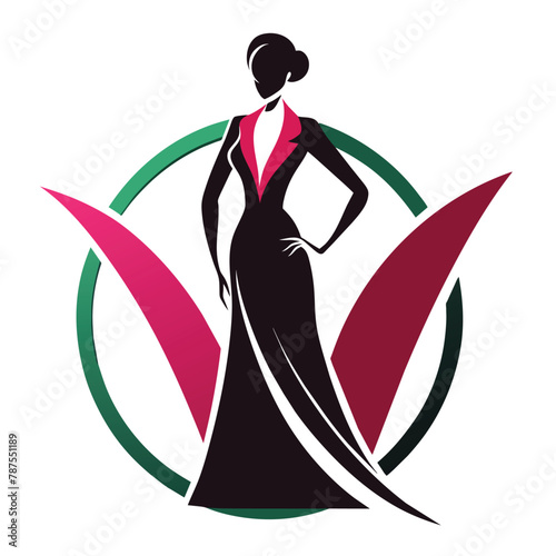 A woman wearing a black dress stands before a green and red circle in this sleek and sophisticated image, Sleek and sophisticated branding for a fashion show event