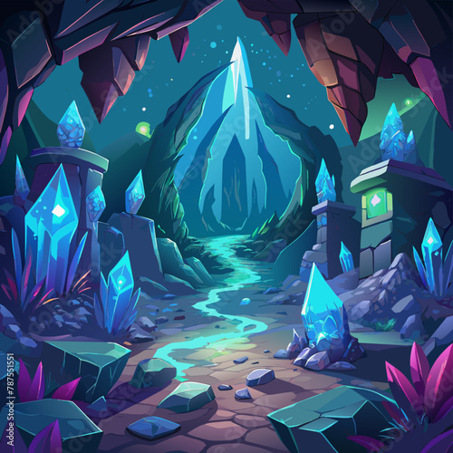 Mysterious cave filled with glowing crystals and ancient carvings Illustration, mystical cave filled with glowing crystals and ancient runes Illustration