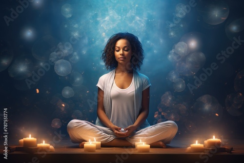A woman is seated in a yoga position with candles placed around her, creating a serene atmosphere for relaxation. Generative AI