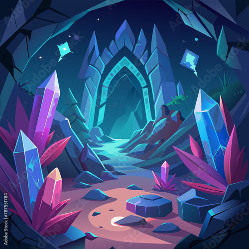 Mysterious cave filled with glowing crystals and ancient carvings Illustration, mystical cave filled with glowing crystals and ancient runes Illustration