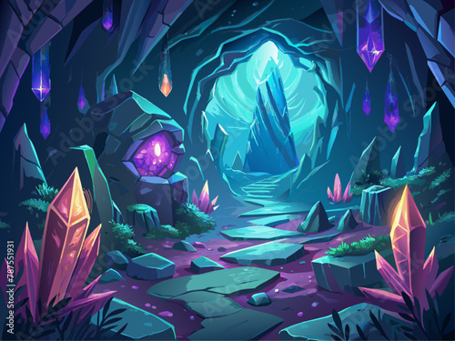 Mysterious cave filled with glowing crystals and ancient carvings Illustration, mystical cave filled with glowing crystals and ancient runes Illustration