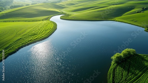 A tranquil lake surrounded by rolling hills of vibrant green farmland showcasing the harmonious relationship between agriculture and renewable energy in the form of biofuel crops. . photo