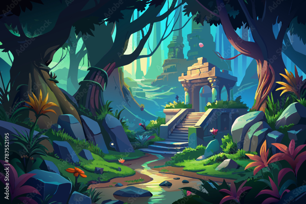 Mystical forest with ancient ruins and hidden treasures Illustration