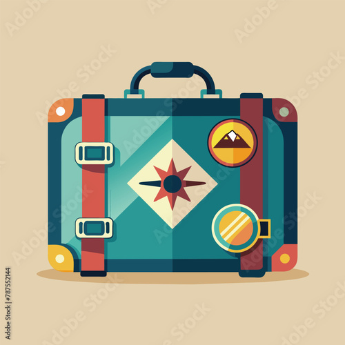Illustration of a vintage suitcase adorned with travel stickers and featuring a compass design on top, Vintage suitcase with travel stickers, minimalist simple modern vector logo design