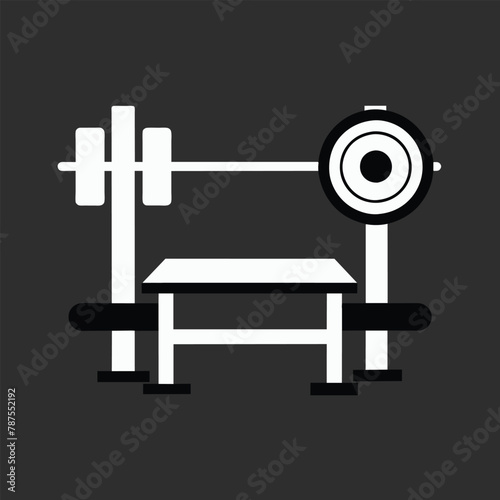 A weight bench with a barbell in a minimalist black and white setting  Weight bench and squat rack ensemble  minimalist simple modern vector logo design