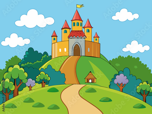 An enchanted castle on a hill overlooking a picturesque village Illustration