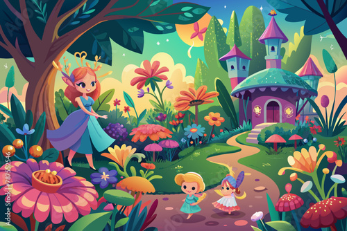 An enchanted garden with blooming flowers and mischievous fairies Illustration