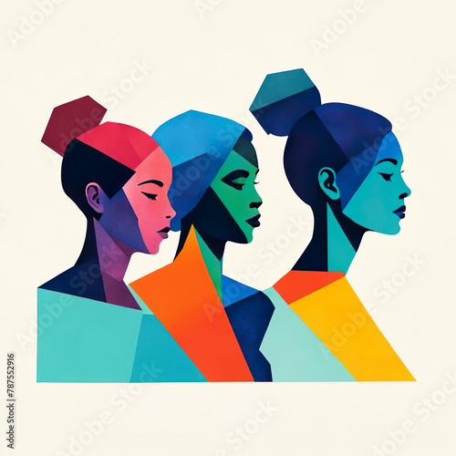 Three unreal simple schematic geometric women profiles in pure colors against a white background
