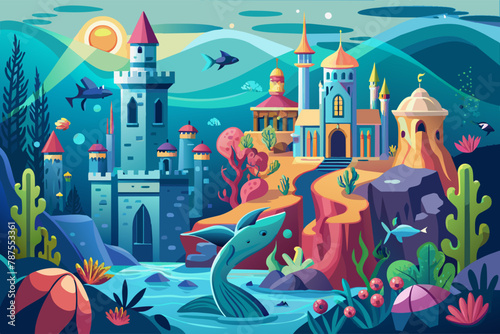 Underwater city with mermaid palaces, coral gardens, and underwater creatures Illustration