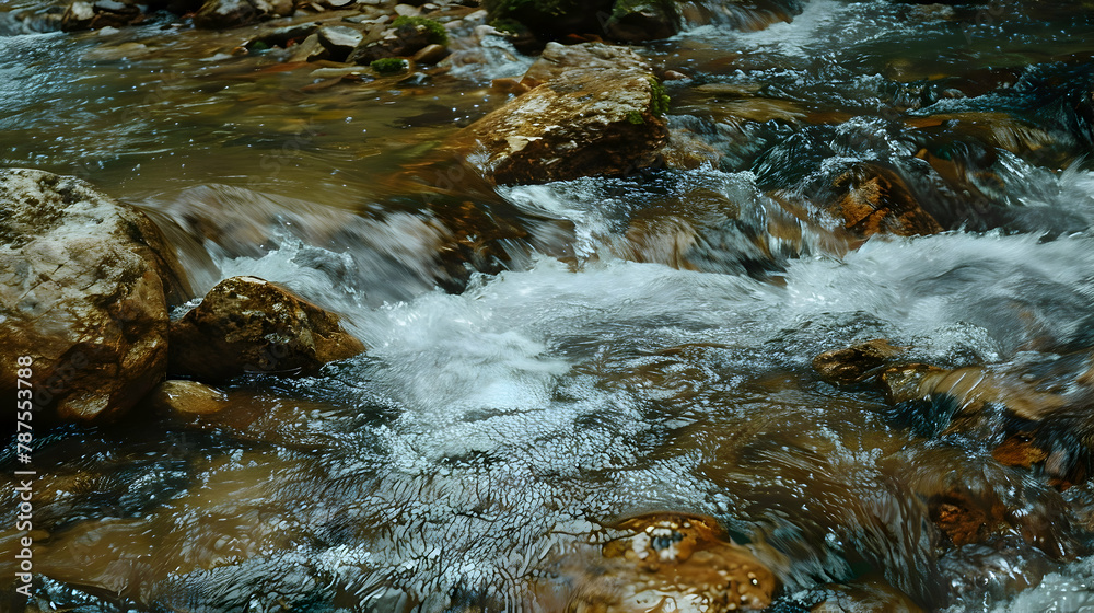 A fast-flowing mountain stream over rocks, slow shutter speed to smooth the water into a silky flow amidst the rugged terrain
