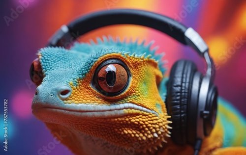 Closeup of a lizard with headphones  a fun smile on its humanlike mouth