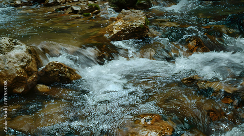 A fast-flowing mountain stream over rocks  slow shutter speed to smooth the water into a silky flow amidst the rugged terrain