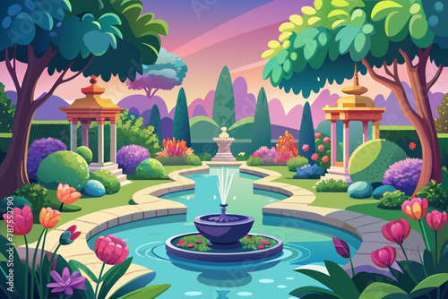 Peaceful garden with serene water features and blooming flowers Illustration