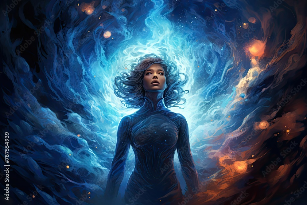 A woman stands boldly in front of a swirling blue vortex, her figure illuminated by the vibrant energy emanating from the mysterious portal. Generative AI A woman stands boldly in front of a swirling blue vortex, her figure illuminated by the vibrant energy emanating from the mysterious portal. Generative AI