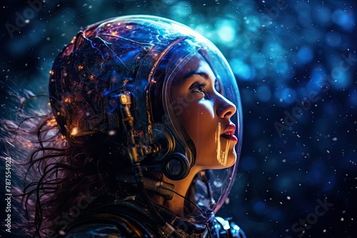 A woman wearing a space suit stands wearing headphones. She is dressed for space exploration and communication. Generative AI