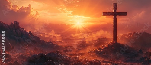 Golgotha's sunrise with emblematic cross #787554953