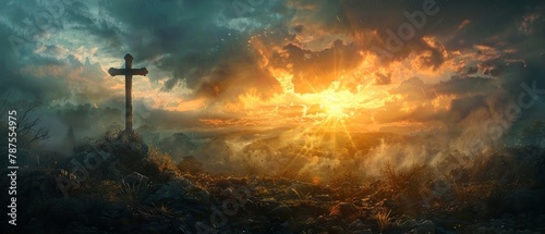 Golgotha's sunrise with emblematic cross photo
