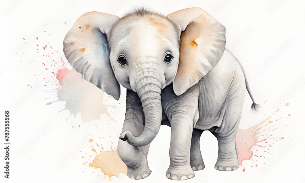 Cute baby elephant painted in watercolors. White background.