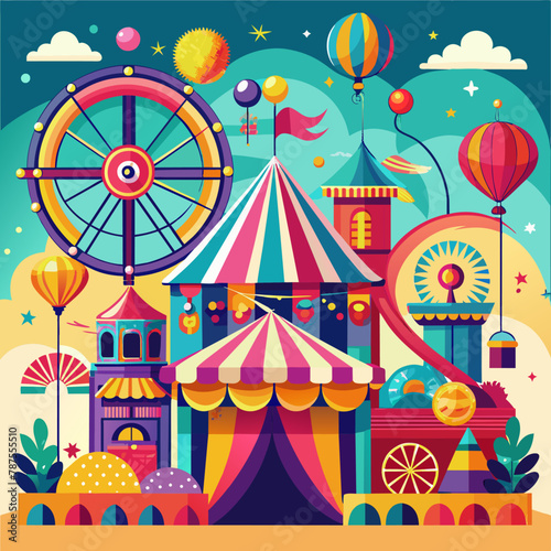 Vibrant carnival with rides, games, and colorful decorations Illustration