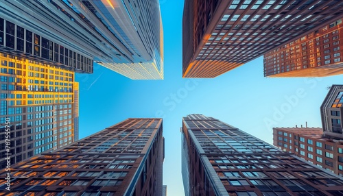 Majestic Urban Canyons: A Bottom-Up View of Skyscrapers in a Metropolitan Concrete Jungle Under a Clear Blue Sky