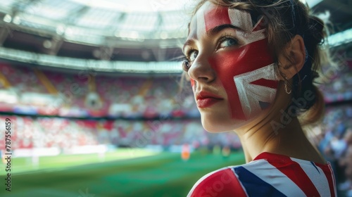 Beautiful woman with her face painted with the flag of England in high resolution and high quality. concept sporting event, olympic games photo