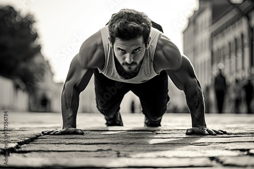 A man is performing push ups on the pavement of a city street, showcasing his strength and physical fitness. Generative AI