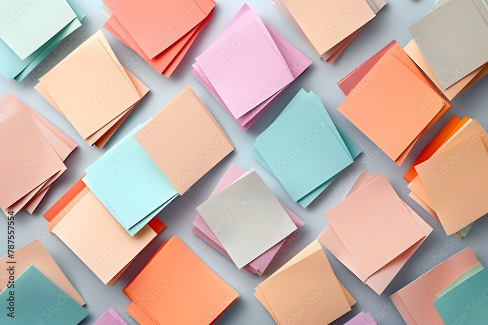 Abstract paper craft background in a square shape with pastel color palette. Wallpaper from pastel multicolor sticky notepads isolated on simple background. Generative AI.